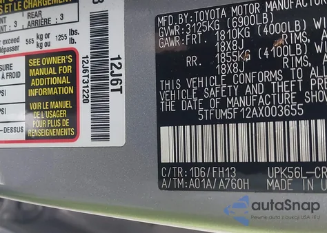 2010 Toyota Tundra Grade 4.6L V8 из США, поврежденный, VIN 5TFUM5F12AX003655